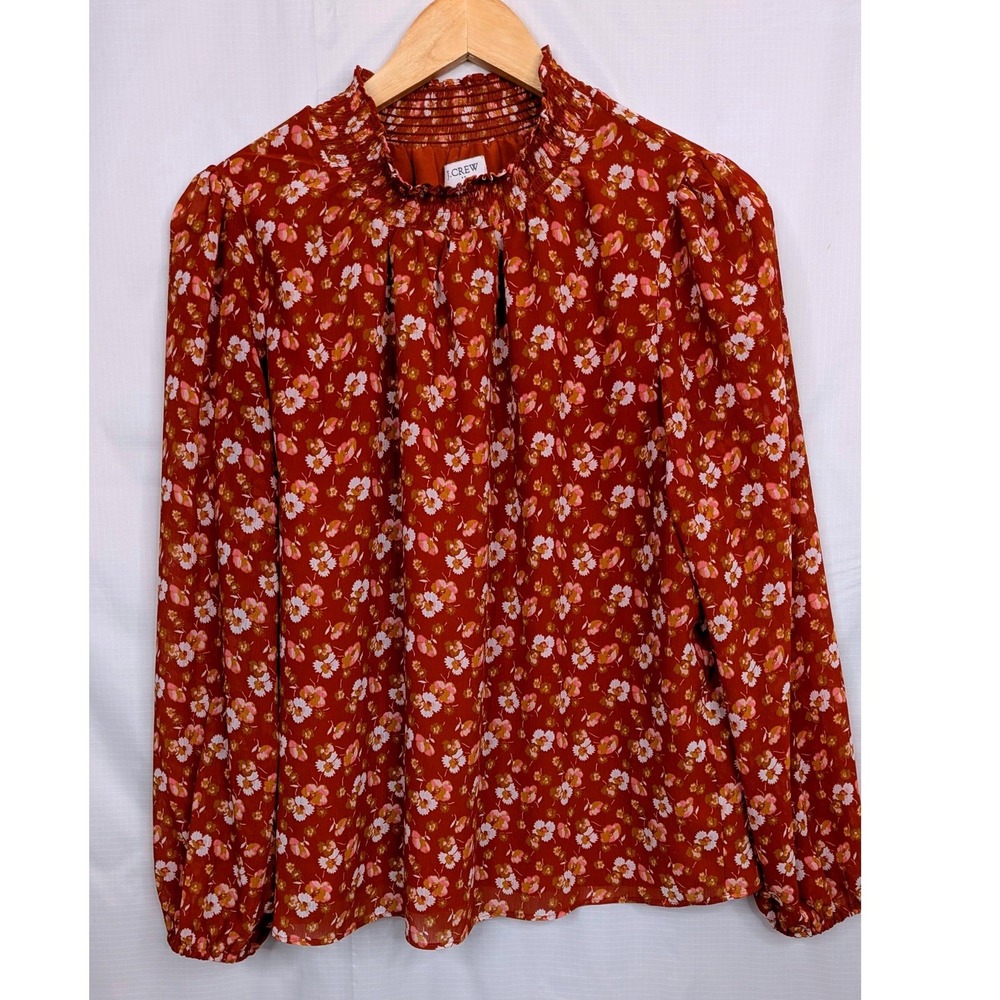 J.Crew Small Floral Mock Neck Blouse Bishop Sleeve Lined Smocked Rust Top S